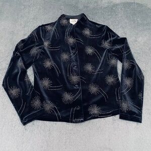 J.B.S. Ltd Black Velvet Starburst Sparkle Glitter Button Front Top Womens Sz M